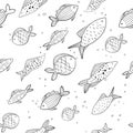 Seamless pattern with funny fish. small and big fish on white background. the illustration